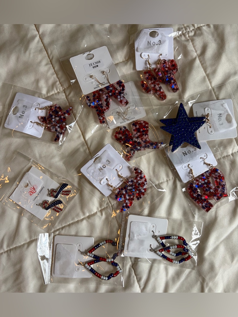 Patriotic Assorted Red White Blue Star & Flag Earrings Set